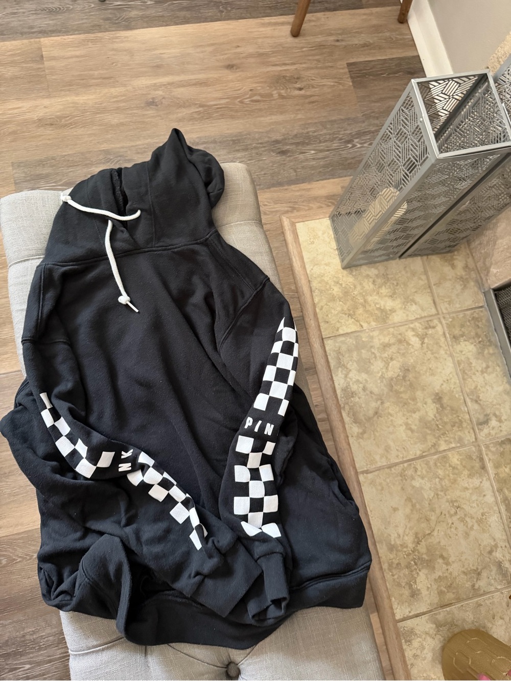 PINK Victoria's Secret Black Hoodie with White Checker Sleeve Detail